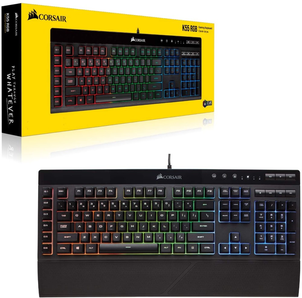 Corsair K55 RGB Gaming Keyboard – IP42 Dust and Water Resistance – 6  Programmable Macro Keys – Dedicated Media Keys - Detachable Palm Rest  Included